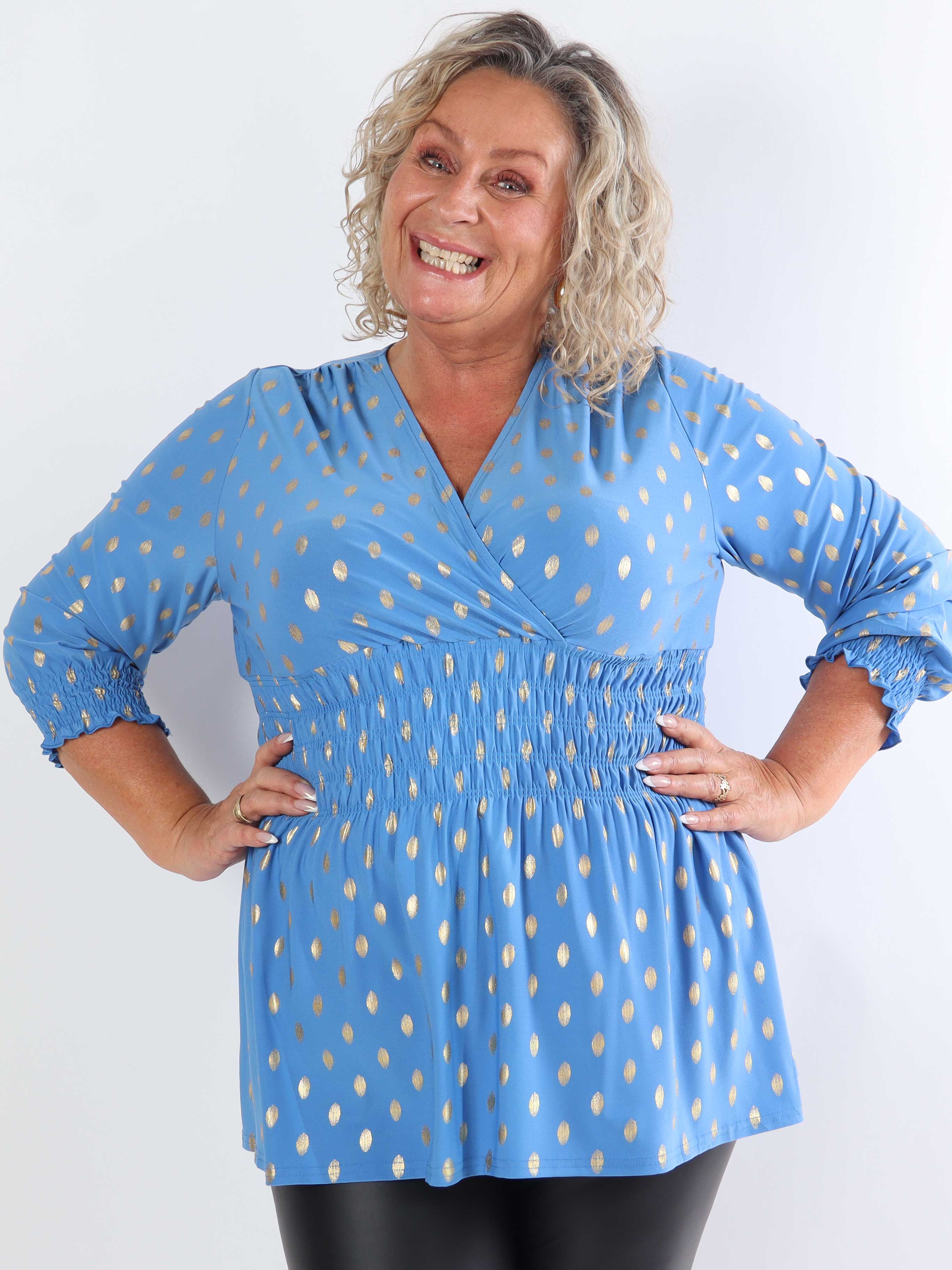 Pams Gold Dot Shirt L/S - Elastisk plus size bluse i krølfrit stof